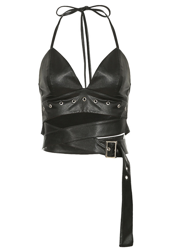 Gothic Black Leather Two-Piece Clubwear Set Punk Deep V Halter Top and Cross Belt Mini Skirt