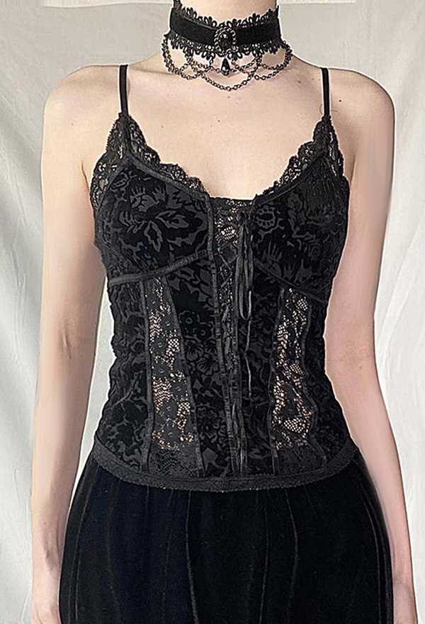 Gothic Black Lace Cami Top Dark Court Style Dark Print Camisole Vest