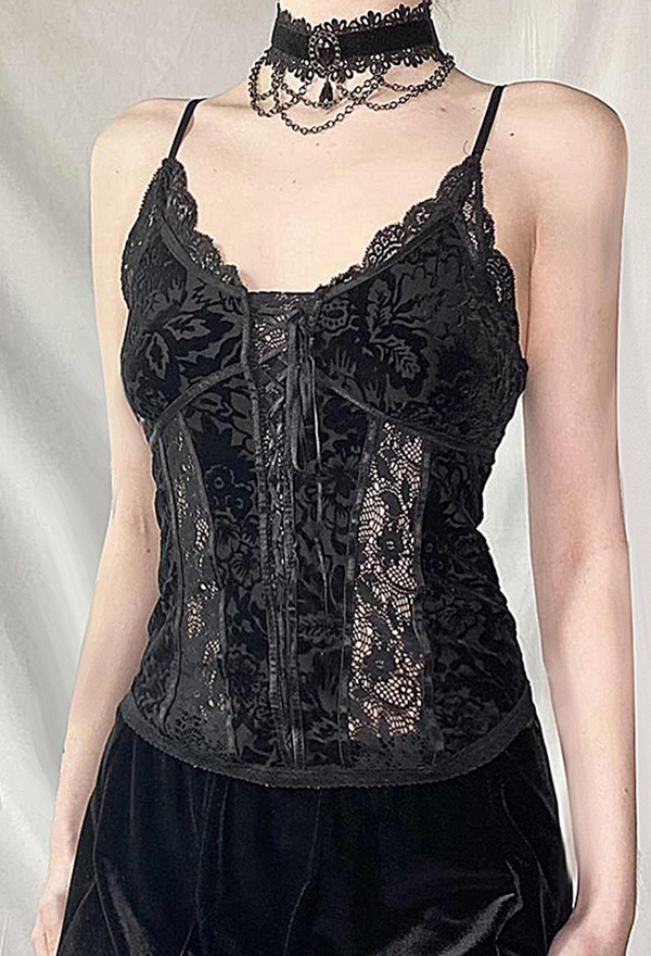 Gothic Black Lace Cami Top Dark Court Style Dark Print Camisole Vest