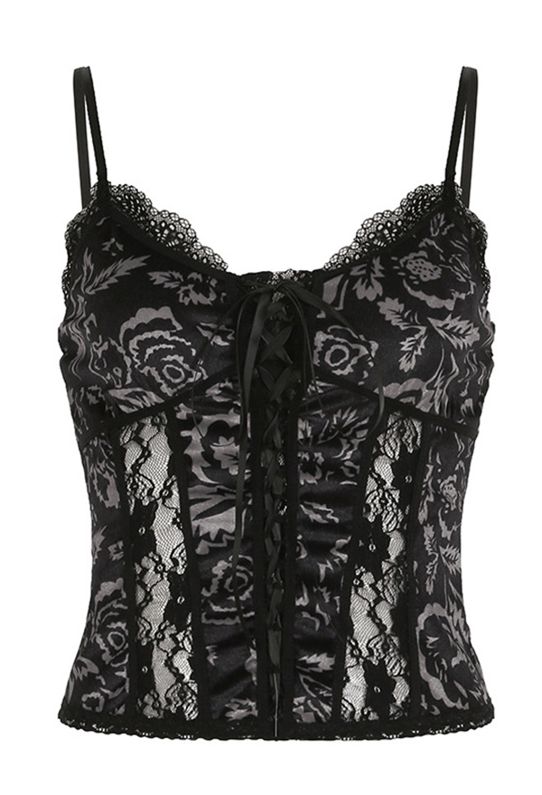 Gothic Black Lace Cami Top Dark Court Style Dark Print Camisole Vest