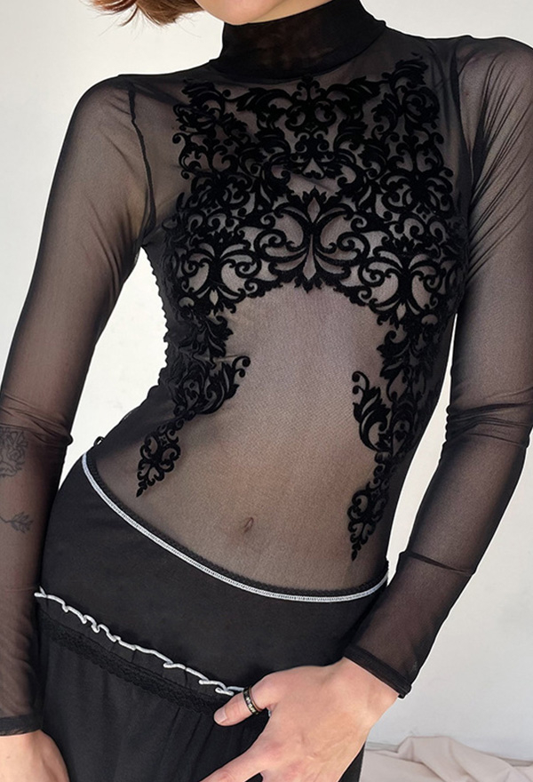 Gothic Black Sexy See Through Jacquard Mesh Long Sleeve Top