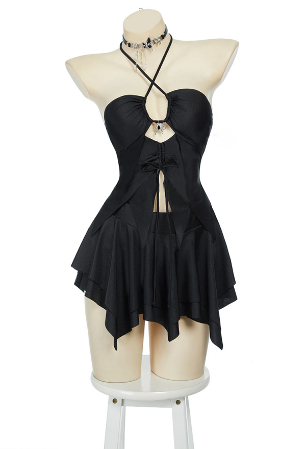 Wings of Summer Gothic Black Butterfly Two-Piece Swimsuit Irregular Halter Cutout Top and Skirt Bathing Suit with Necklace