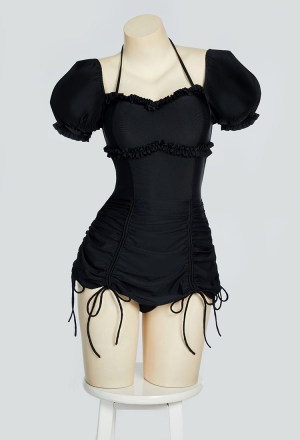 Gothic Black Vintage Style Bathing Suit Drawstring Bubble Sleeve One-Piece Swimsuit