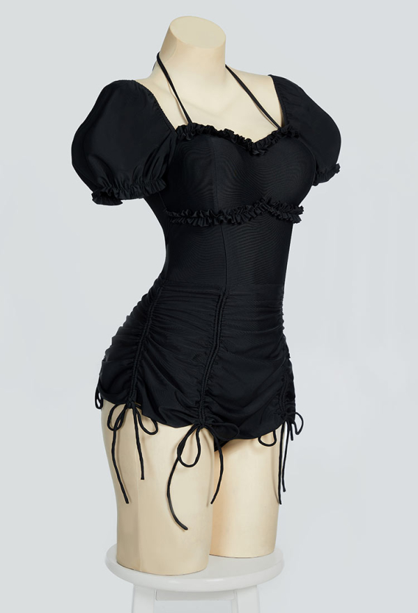 Gothic Black Vintage Style Bathing Suit Drawstring Bubble Sleeve One-Piece Swimsuit