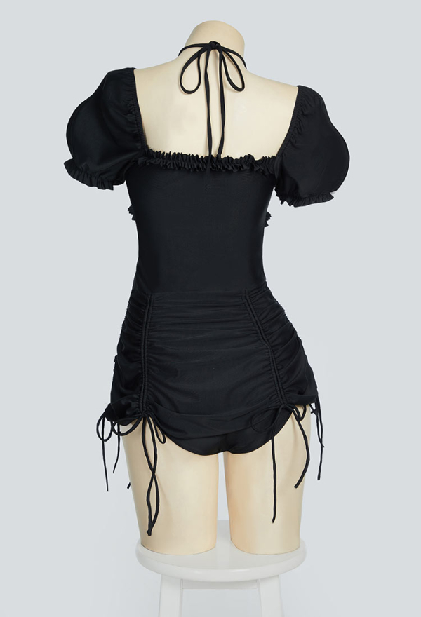 Gothic Black Vintage Style Bathing Suit Drawstring Bubble Sleeve One-Piece Swimsuit