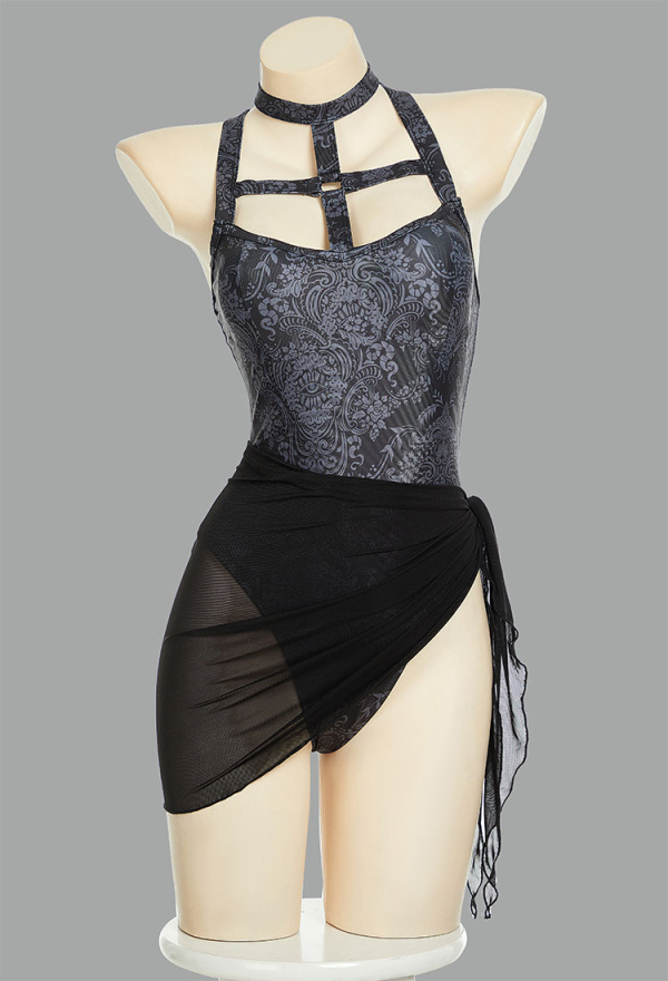 Gothic Black Vintage Bathing Suit French Embossed Print One Piece Swimsuit with Wrap-Skirt