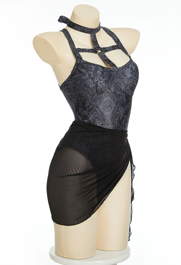 Gothic Black Vintage Bathing Suit French Embossed Print One Piece Swimsuit with Wrap-Skirt