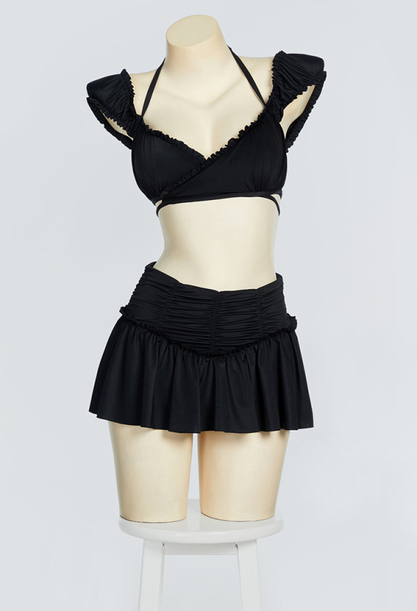 Gothic Black Vintage Style Two-Piece Swimsuit Halter Short Top and Swim Skirt Bathing Suit