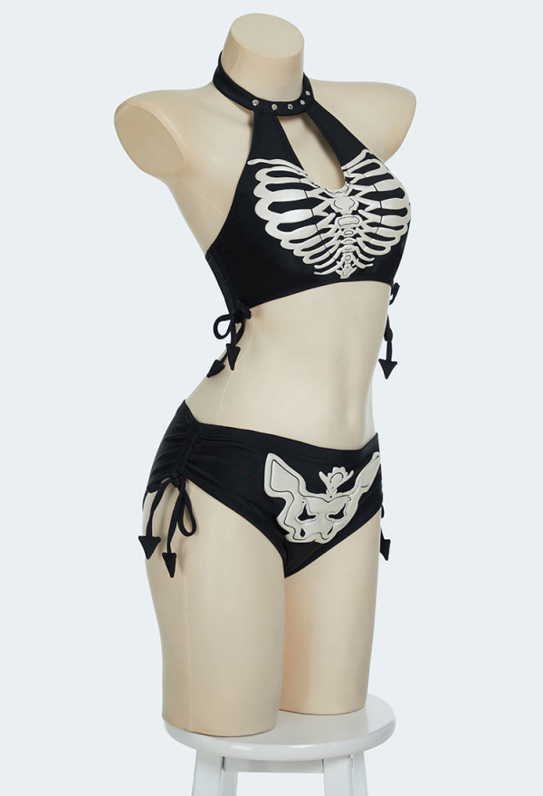 Gothic Black Skull Print Two-Piece Swimsuit Halter Top and Briefs Bikini Set Bathing Suit