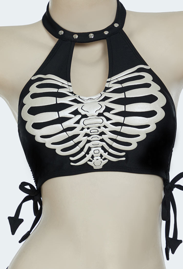 Bone To Be Wild Gothic Black Skull Print Two-Piece Swimsuit Halter Top and Briefs Bikini Set Bathing Suit