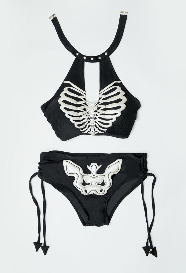 Bone To Be Wild Gothic Black Skull Print Two-Piece Swimsuit Halter Top and Briefs Bikini Set Bathing Suit