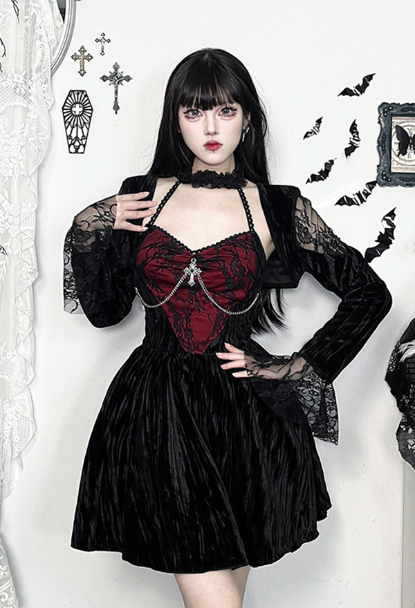 Gothic Black Red Lace Patchwork Velvet Halter Dress with Crop Jacket