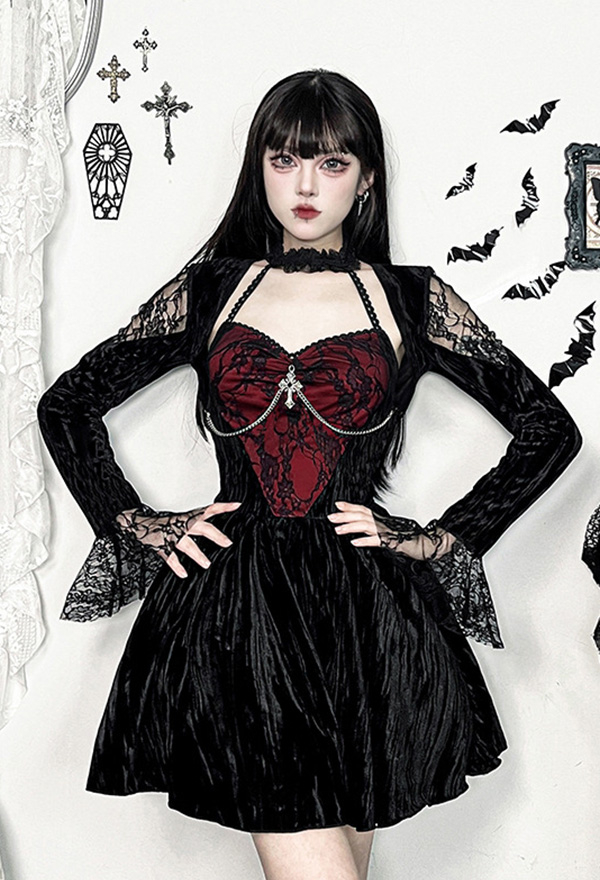 Gothic Black Red Lace Patchwork Velvet Halter Dress with Crop Jacket