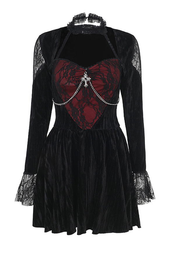 Gothic Black Red Lace Patchwork Velvet Halter Dress with Crop Jacket