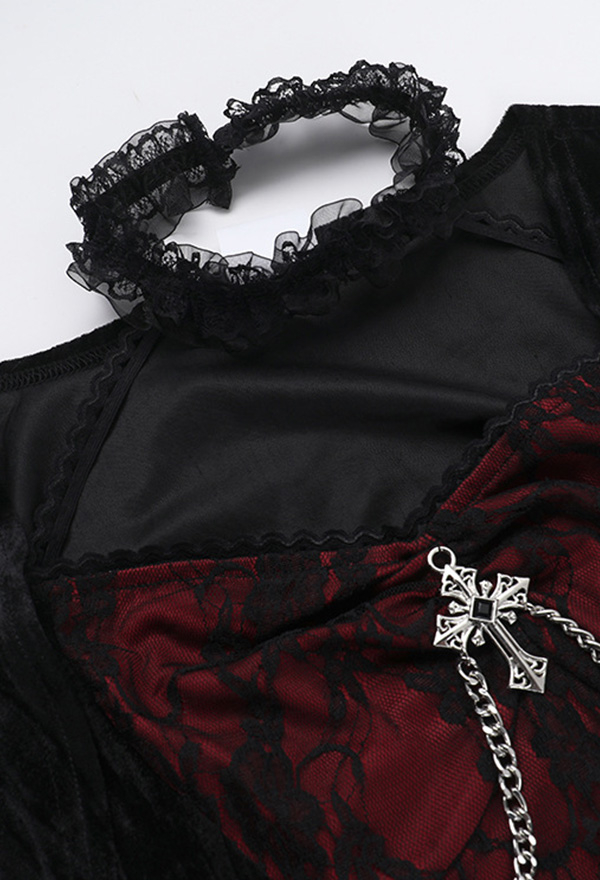 Gothic Black Red Lace Patchwork Velvet Halter Dress with Crop Jacket