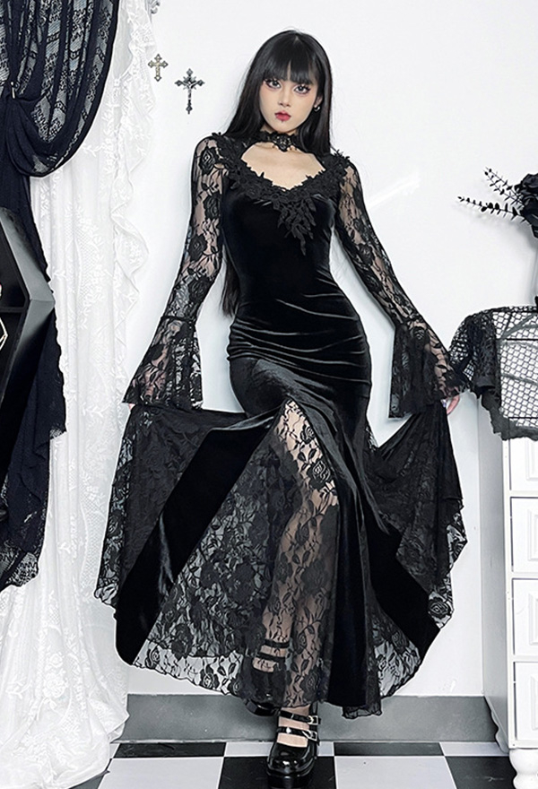 Gothic Black Slim Split Long Sleeve Dress Vintage Dark Style Lace Velvet Dress