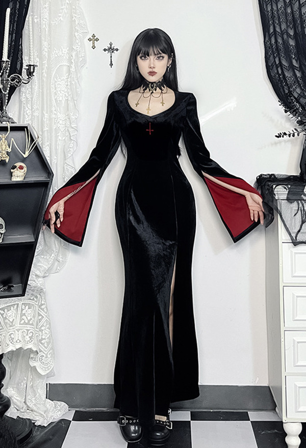 Gothic Black Velvet High Split Slim Long Sleeve Dress with Cross Pattern