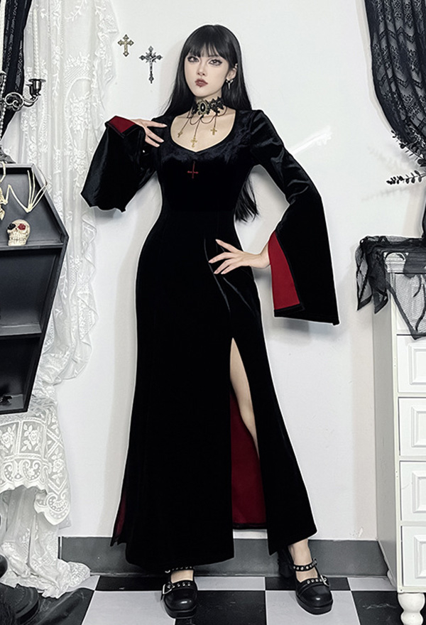 Gothic Black Velvet High Split Slim Long Sleeve Dress with Cross Pattern