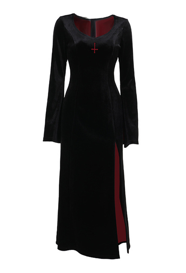 Gothic Black Velvet High Split Slim Long Sleeve Dress with Cross Pattern