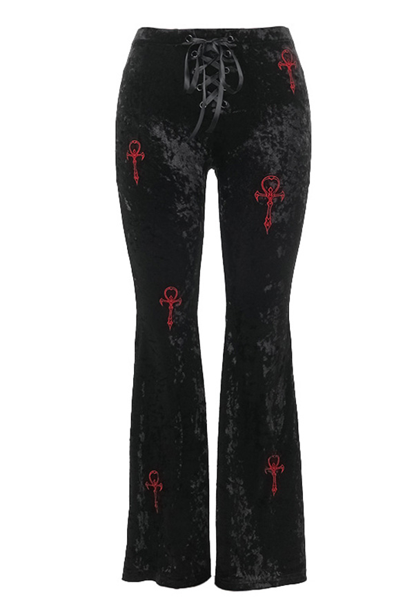 Black Cross Embroidered Flared Pants Halloween Dark Style Cross Lace-up Bell Bottoms Pants