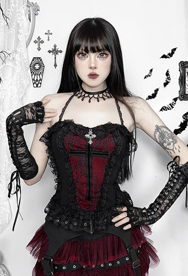 Gothic Black Red Cross Pendant Lace Halter Tank Top