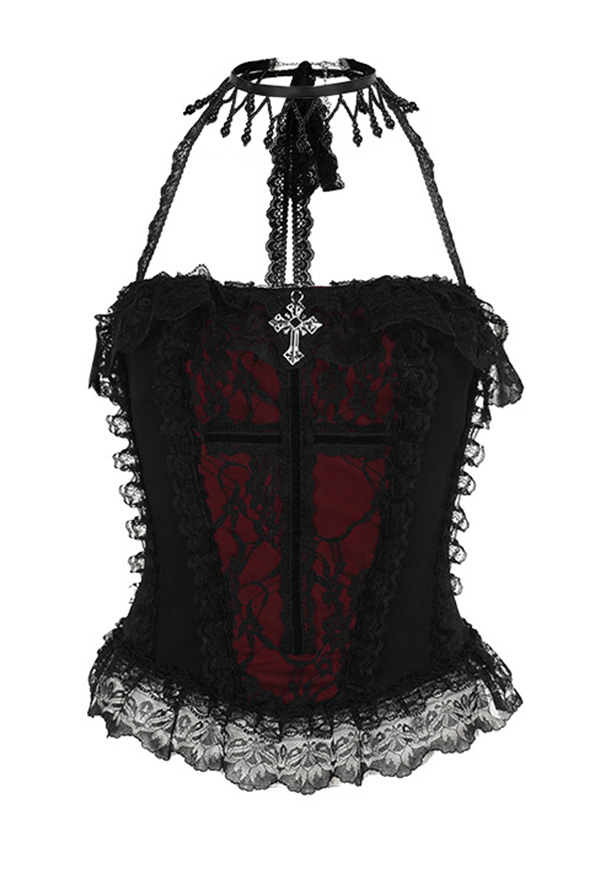 Gothic Black Red Cross Pendant Lace Halter Tank Top