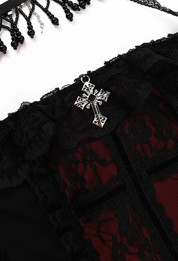 Gothic Black Red Cross Pendant Lace Halter Tank Top