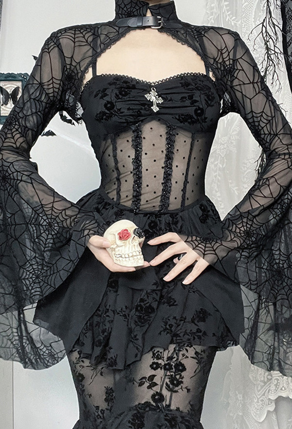 Gothic Black Sheer Spiderweb Flared Long Sleeves Blouse Shrug