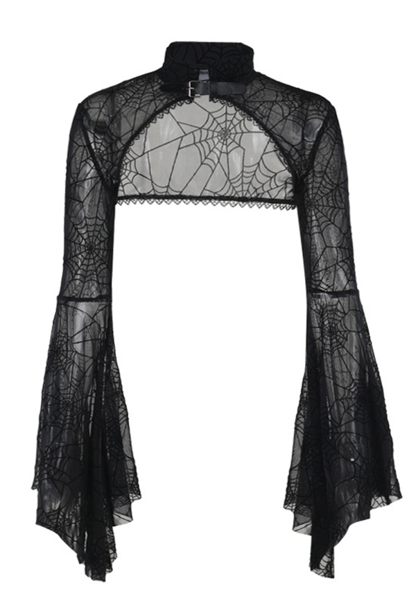 Gothic Black Sheer Spiderweb Flared Long Sleeves Blouse Shrug