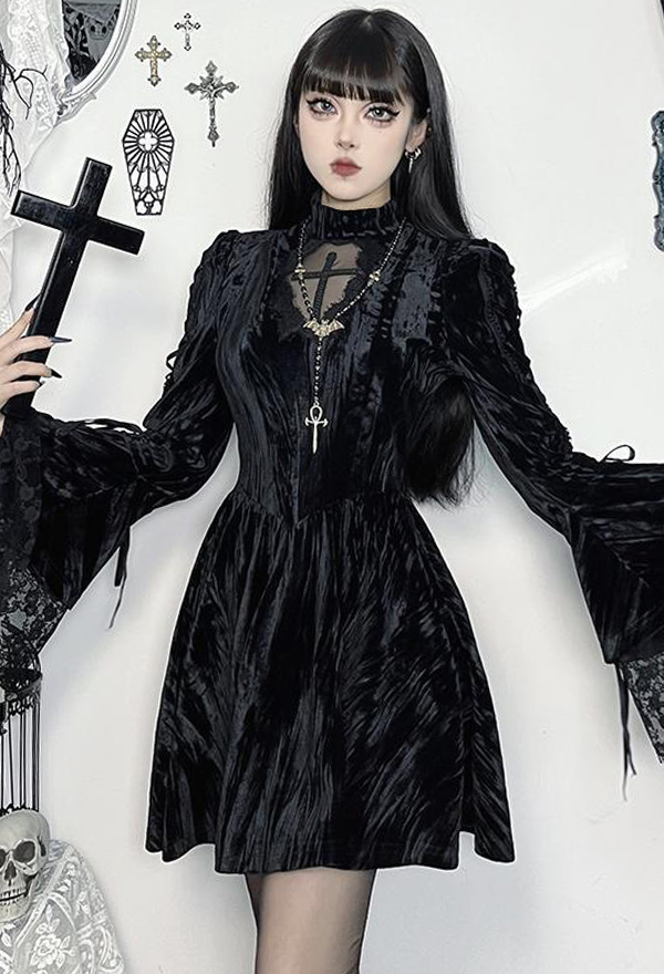 Gothic Black Velvet Cross Dress Dark Style Flared Sleeve Slim Dress