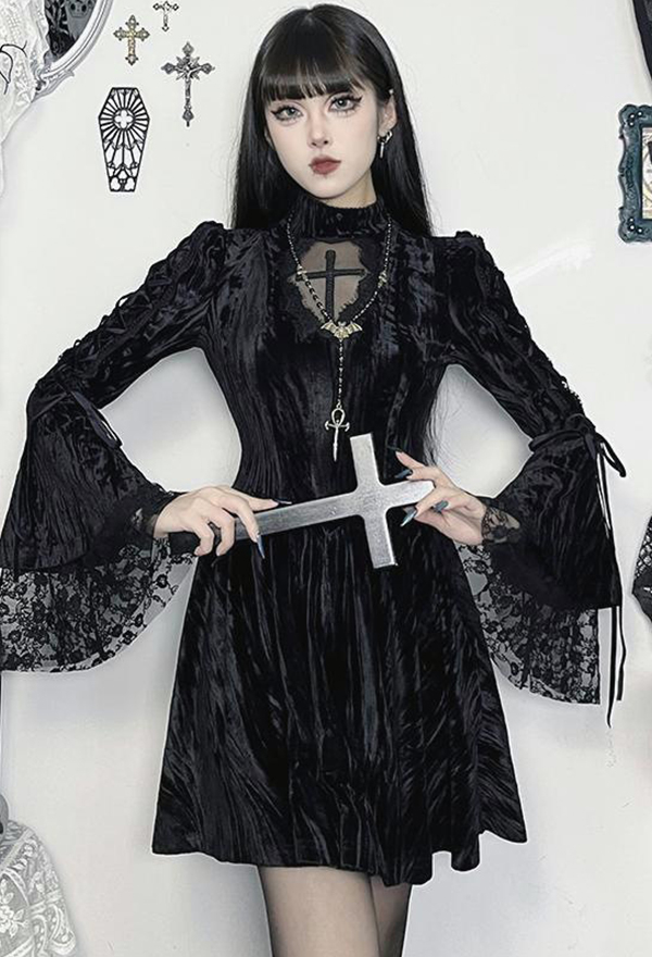 Gothic Black Velvet Cross Dress Dark Style Flared Sleeve Slim Dress