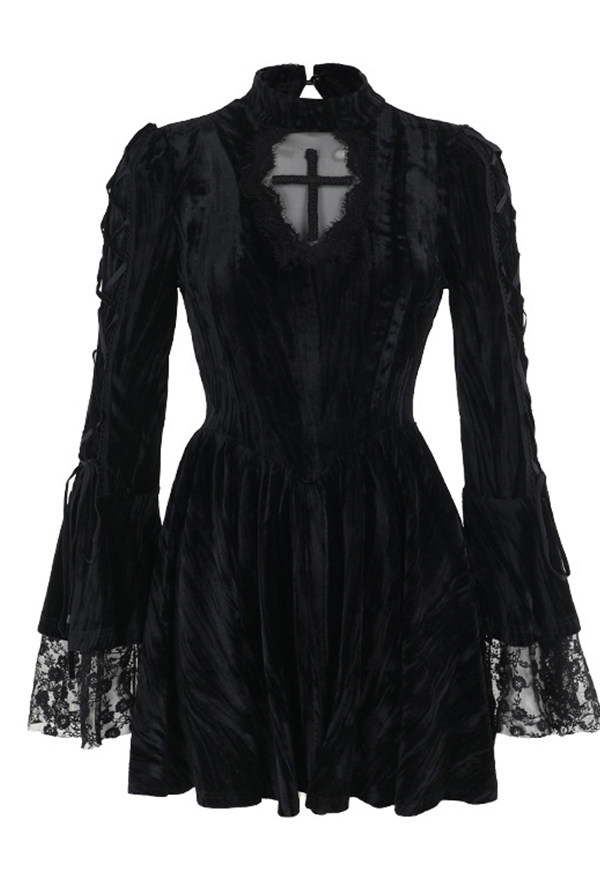 Gothic Black Velvet Cross Dress Dark Style Flared Sleeve Slim Dress