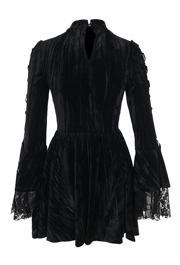 Gothic Black Velvet Cross Dress Dark Style Flared Sleeve Slim Dress