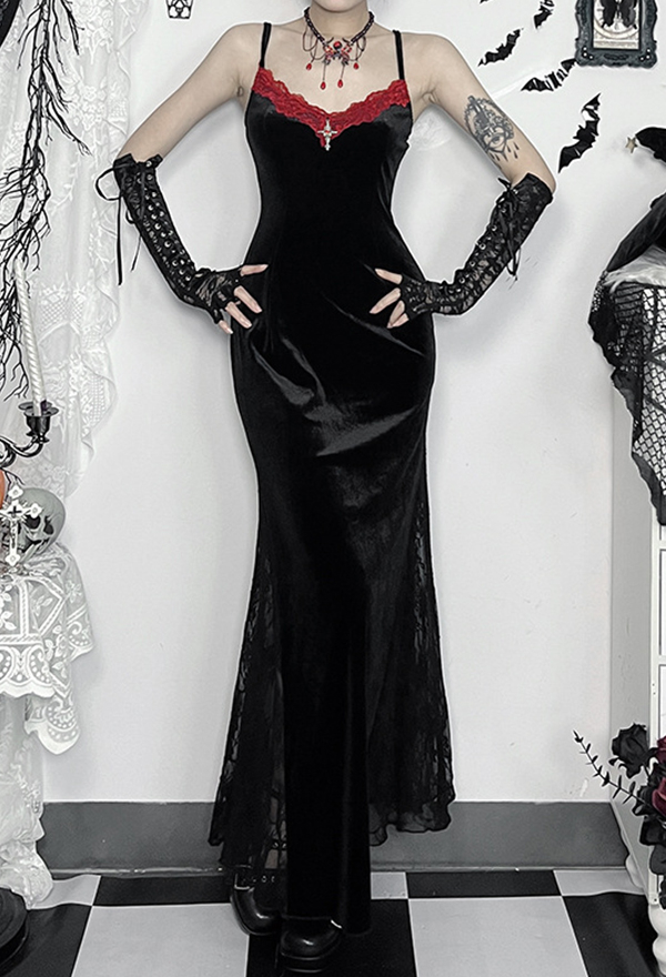 Gothic Black Lace Cami Dress Slim Strap Long Dress