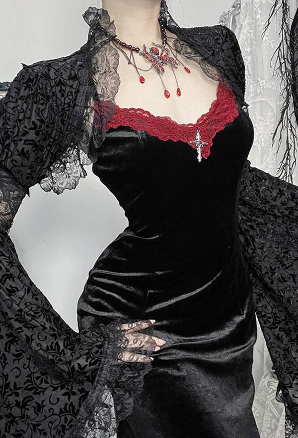 Gothic Black Lace Cami Dress Slim Strap Long Dress