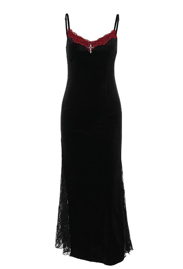 Gothic Black Lace Cami Dress Slim Strap Long Dress