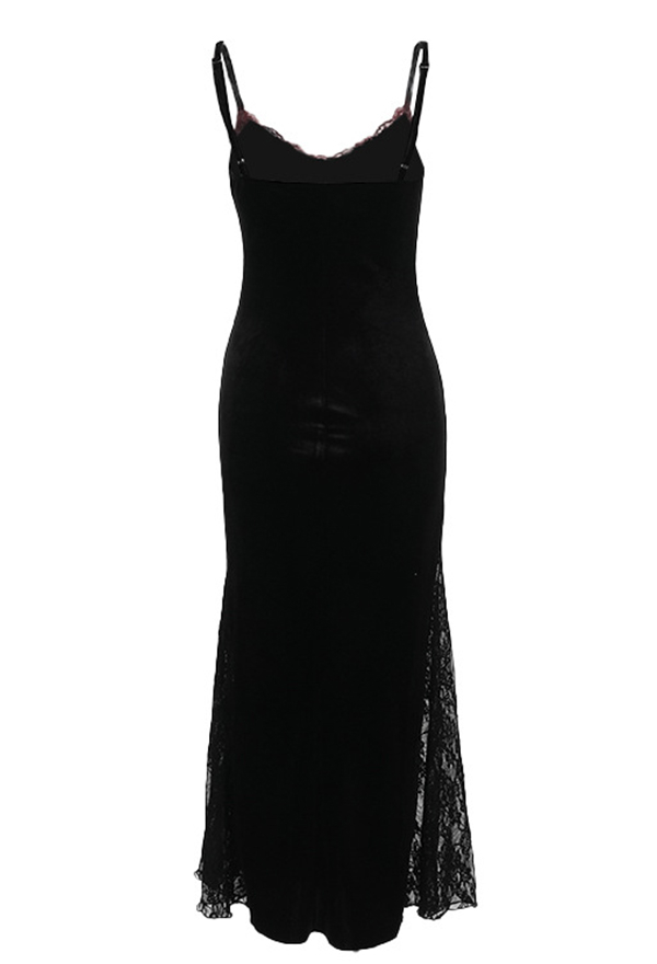 Gothic Black Lace Cami Dress Slim Strap Long Dress