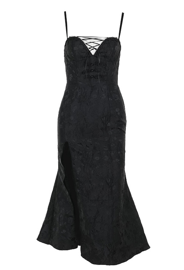 Gothic Black Jacquard Lace-up high Slit Cami Dress