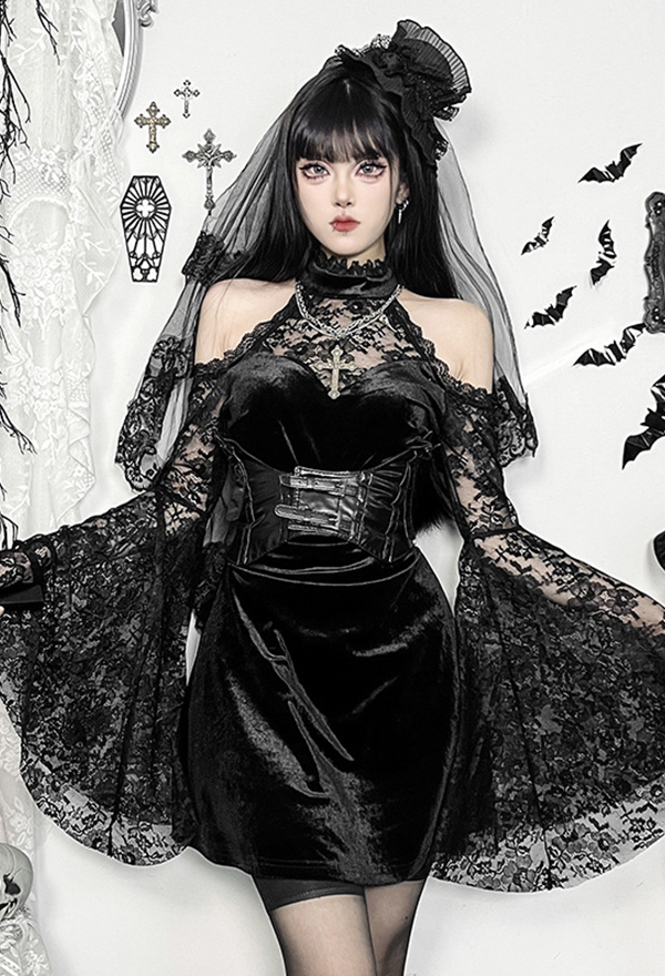 Gothic Black Off-Shoulder Long Sleeve Lace Patchwork Dress