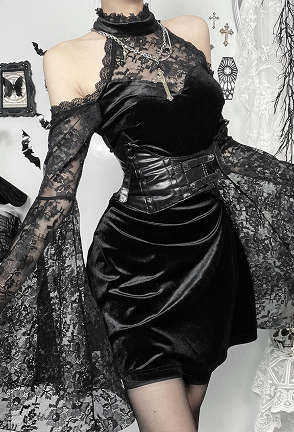 Gothic Black Off-Shoulder Long Sleeve Lace Patchwork Dress