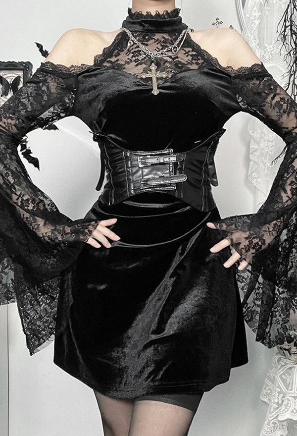 Gothic Black Off-Shoulder Long Sleeve Lace Patchwork Dress