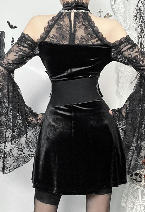 Gothic Black Off-Shoulder Long Sleeve Lace Patchwork Dress