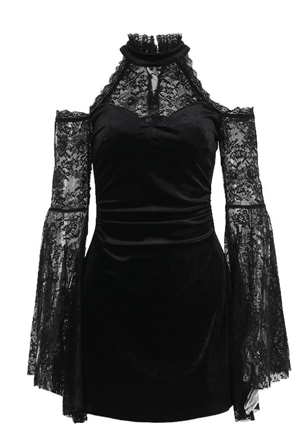 Gothic Black Off-Shoulder Long Sleeve Lace Patchwork Dress