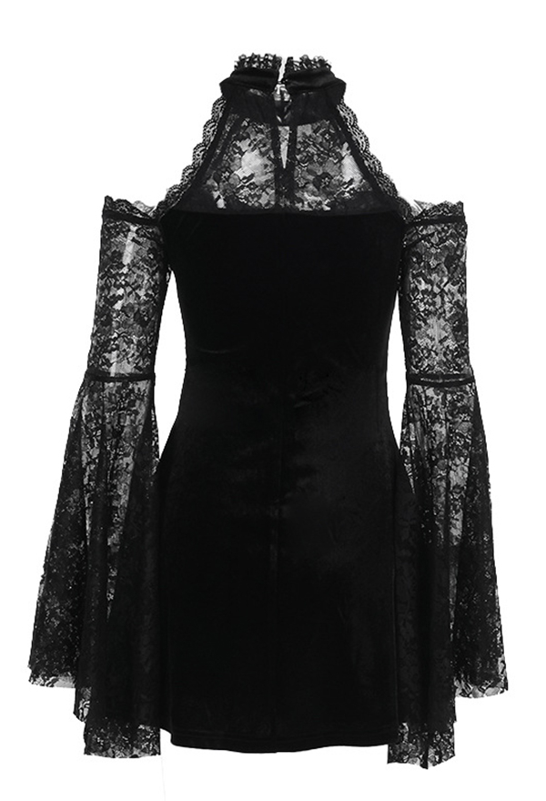 Gothic Black Off-Shoulder Long Sleeve Lace Patchwork Dress