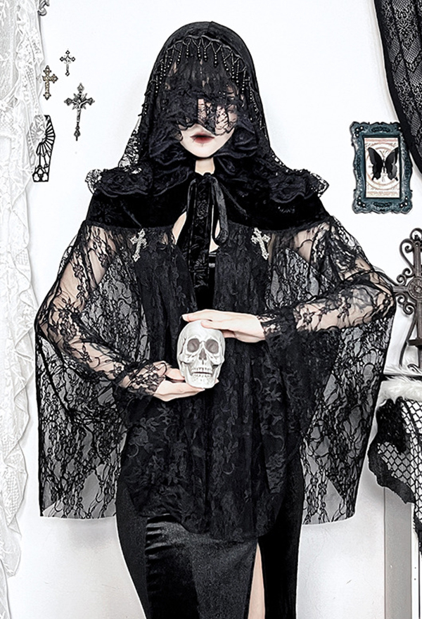 Black Witch Cape Medieval Lace Hooded Magic Cloak