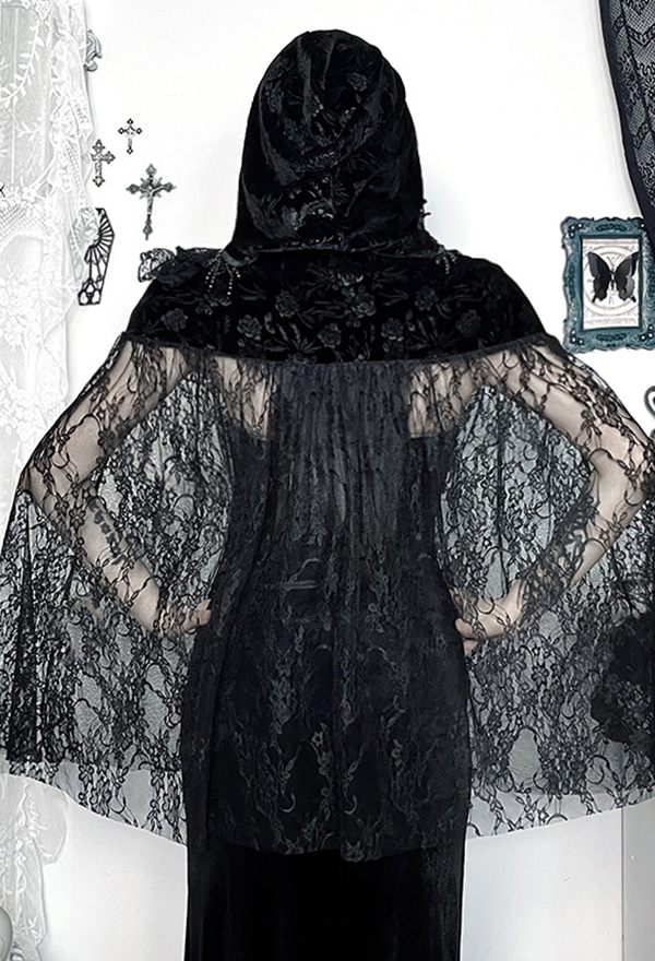 Black Witch Cape Medieval Lace Hooded Magic Cloak