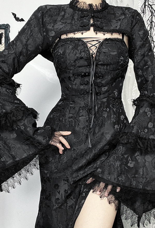 Gothic Black Lace Trimmed Crop Coat Flared Sleeve Jacquard Cover-up Blouse