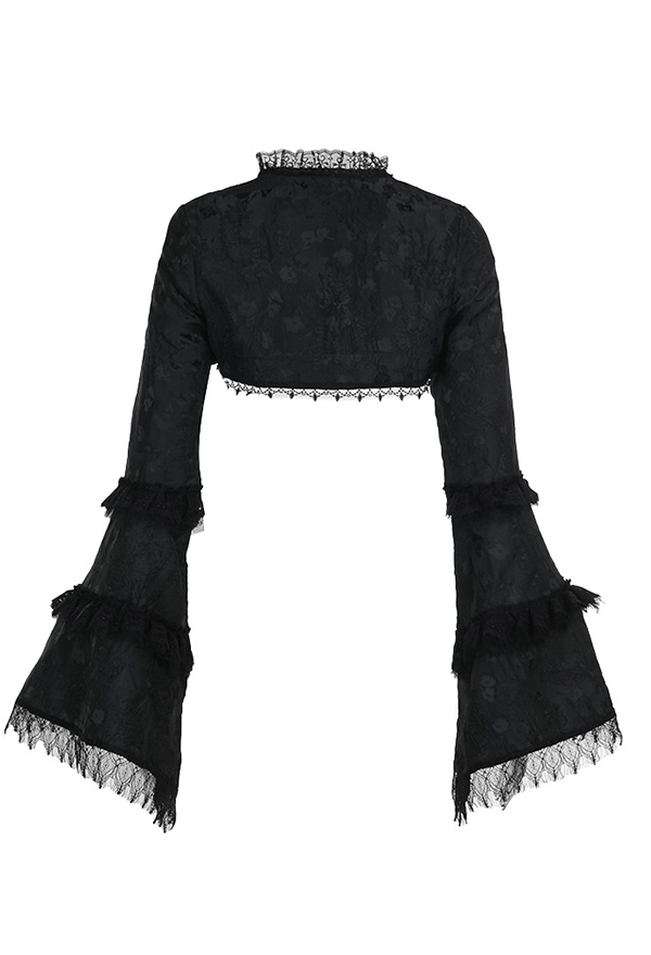 Gothic Black Lace Trimmed Crop Coat Flared Sleeve Jacquard Cover-up Blouse