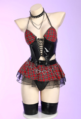 Gothic Little Devil Lingerie Set Black Red Plaid Hollow Out Deep V Top and Skirt with Stockings