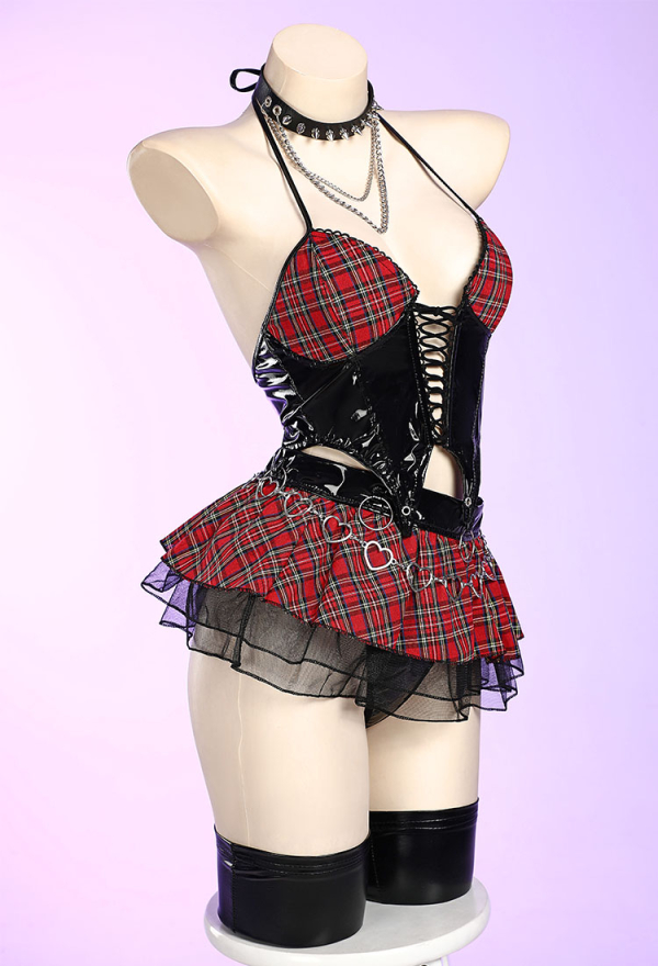 Gothic Little Devil Lingerie Set Black Red Plaid Hollow Out Deep V Top and Skirt with Stockings